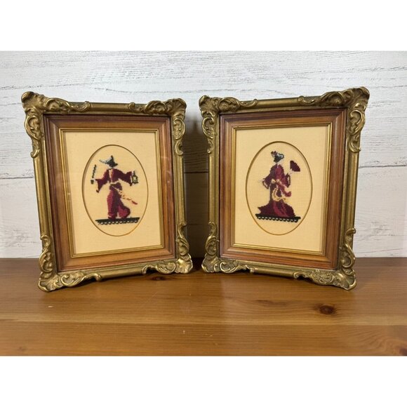 Vintage Ornated Framed Petit Point Cross Stitch Japan Man & Woman - Traditional - Picture 1 of 4